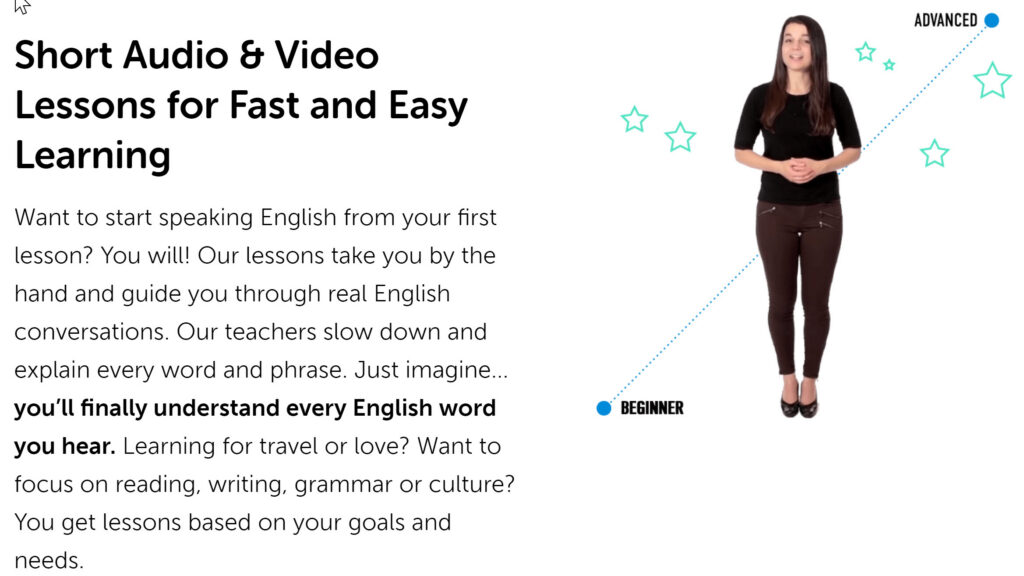 Description of EnglishClass 101 online English practice classes.