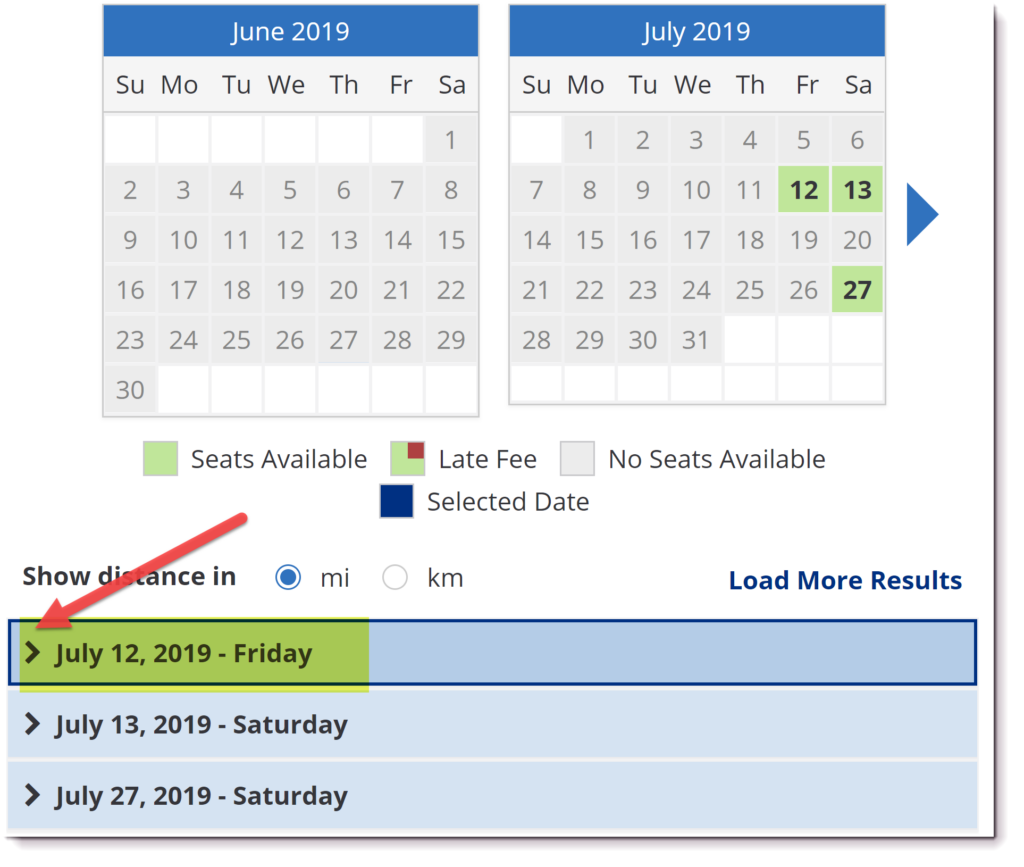 TOEFL Test Date Search Screen 2